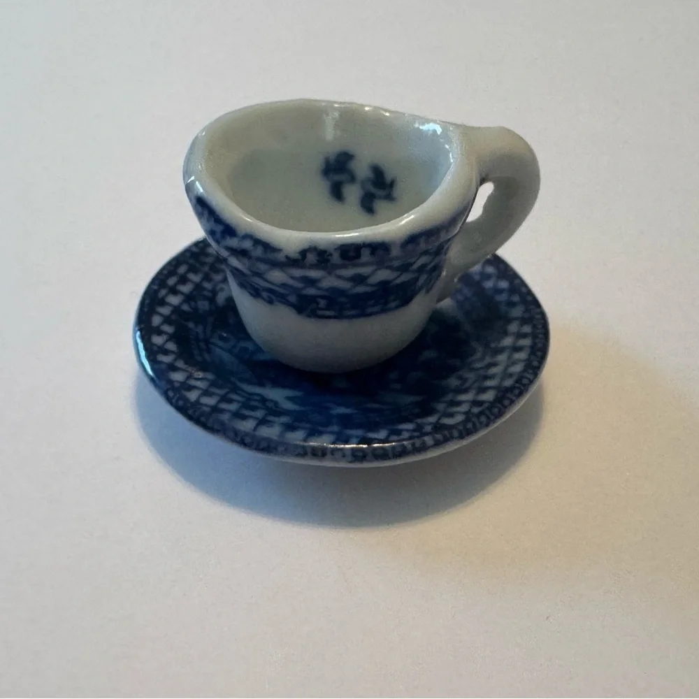 Blue and White Miniature transferware cup saucer tiny miniatures collectible